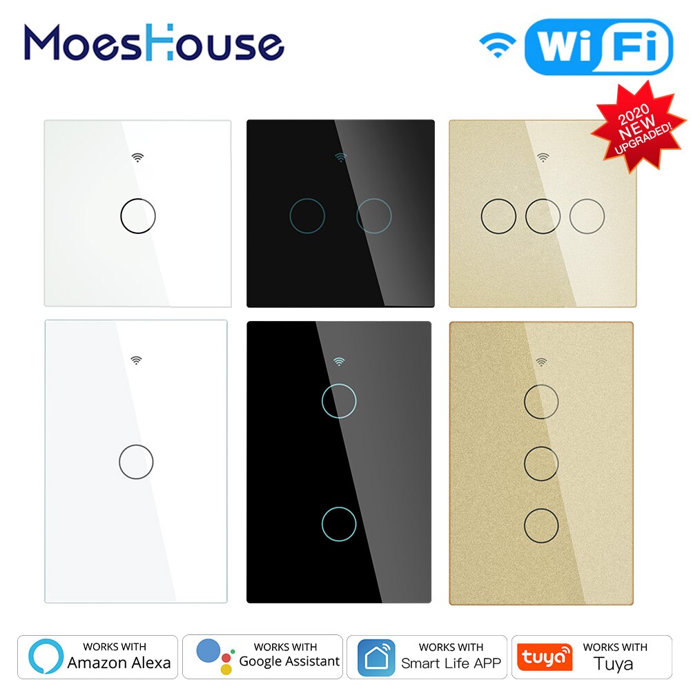 Moeshouse WiFi Smart Light Touch Switch RF433 Smart Life/Tuya App Control,Alexa Google Home Voice Control EU US 2/3 Way