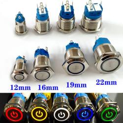 12/16/19/22mm Waterproof Metal Push Button Switch LED Light Momentary Latching Car Engine Power Switch 5V 12V 24V 220V Red Blue